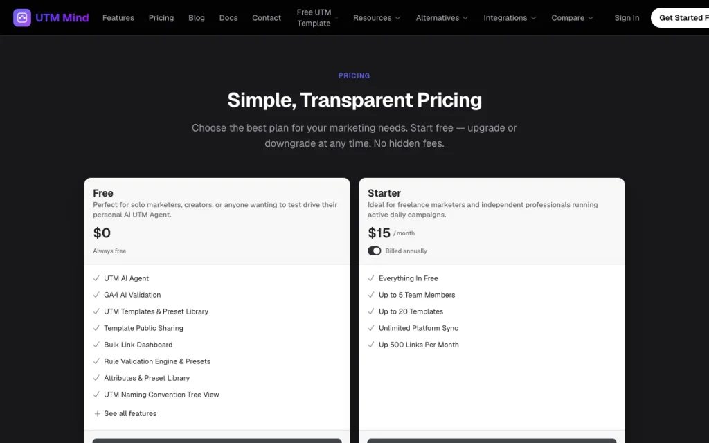 UTM Mind pricing page with plans and prices — screenshot of the productivity & writing AI tool, Oct 1, 2026