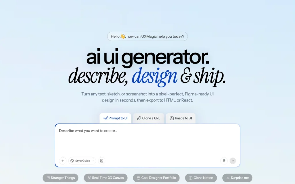 UXMagic homepage — screenshot of the coding AI tool, Oct 2, 2026