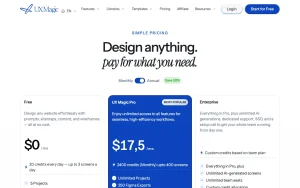 UXMagic pricing page with plans and prices — screenshot of the coding AI tool, 2026-10-02