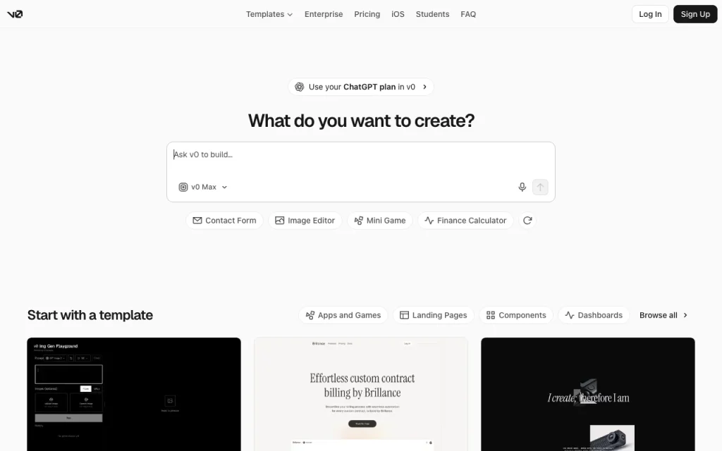 v0 Startseite, Screenshot, KI-Tool coding