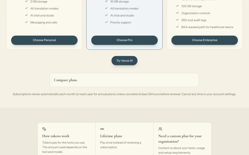 Vavus AI page de tarifs avec offres et prix — capture d'écran de l'outil d'IA productivité et rédaction, Oct 1, 2026