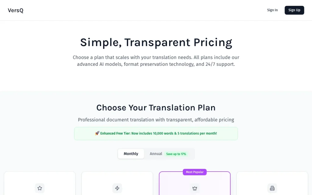 VersQ page de tarifs avec offres et prix — capture d'écran de l'outil d'IA productivité et rédaction, Oct 1, 2026