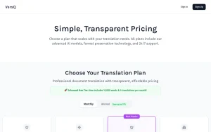 VersQ pricing page homepage screenshot, productivity & writing AI tool