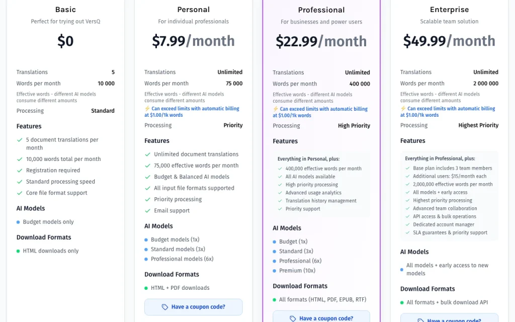VersQ pricing page with plans and prices — screenshot of the productivity & writing AI tool, Oct 1, 2026