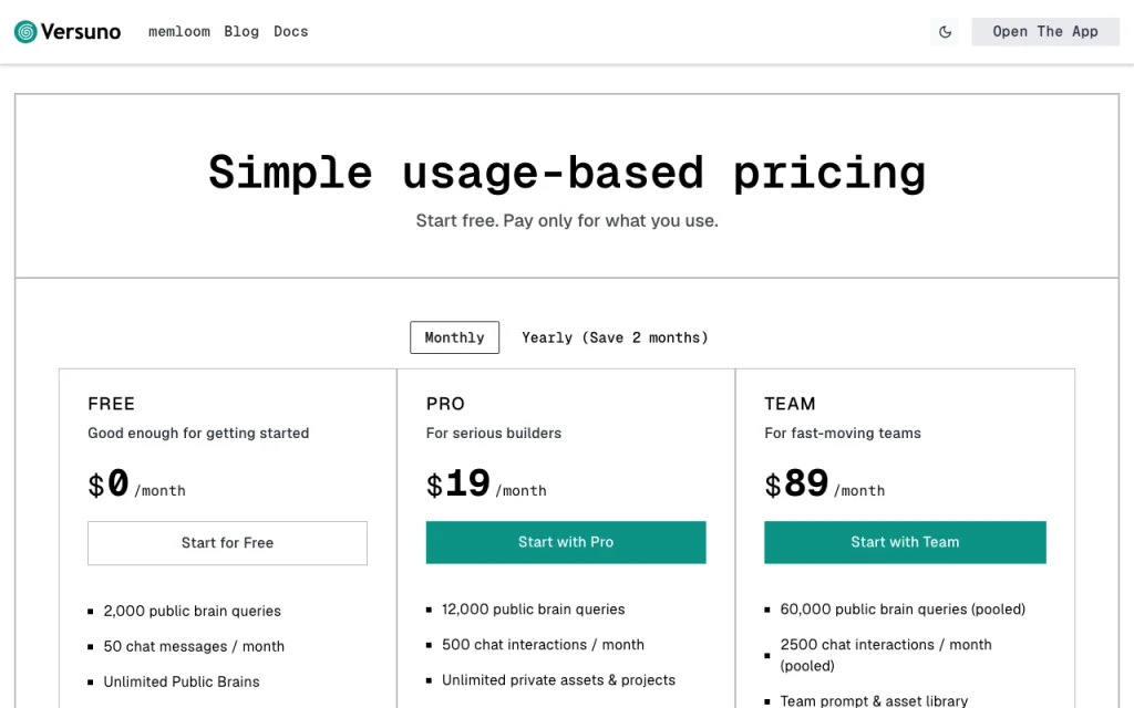 Versuno (memloom) Preisseite mit Tarifen und Preisen – Screenshot des KI-Tools coding, Oct 2, 2026