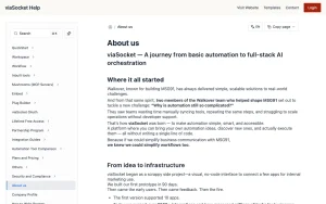 viaSocket about page — screenshot of the productivity & writing AI tool, 2026-10-02