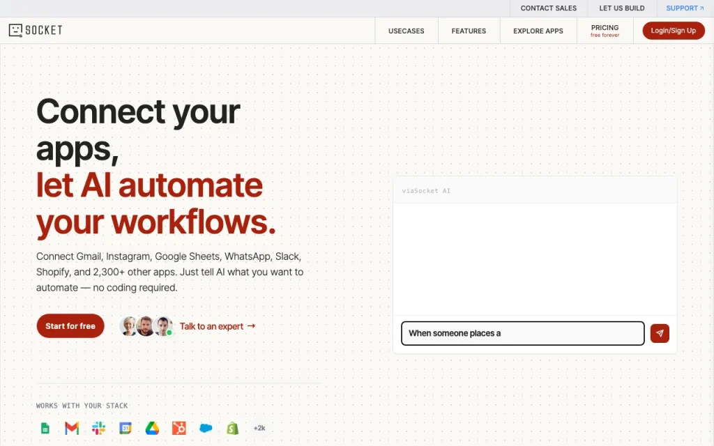 viaSocket homepage — screenshot of the productivity & writing AI tool, Oct 2, 2026