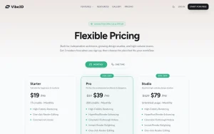 Vibe3D pricing page with plans and prices — screenshot of the image generation AI tool, 2026-10-02