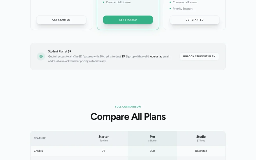 Vibe3D página de precios con planes y precios — captura de pantalla de la herramienta de IA generación de imágenes, Oct 2, 2026