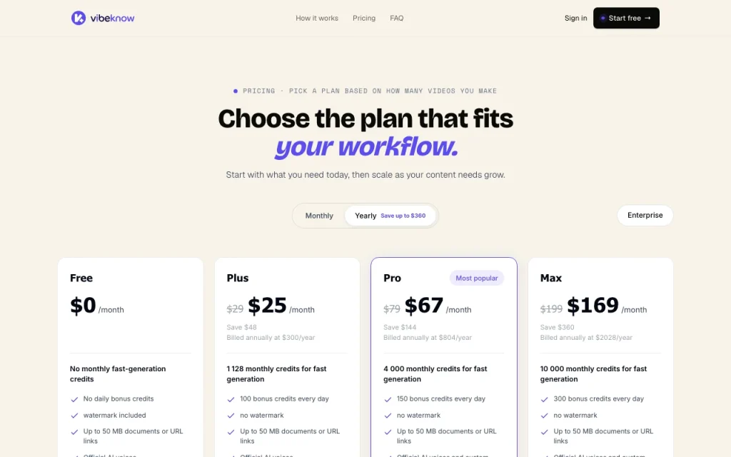 Vibeknow pricing page with plans and prices — screenshot of the video AI tool, Oct 1, 2026