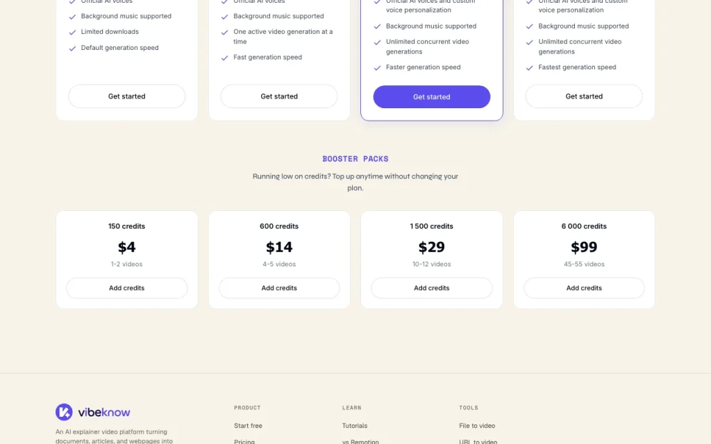 Vibeknow pricing page with plans and prices — screenshot of the video AI tool, Oct 1, 2026
