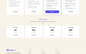 Vibeknow pricing page homepage screenshot, video AI tool