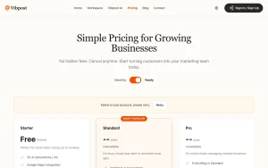 Vibpost pricing page with plans and prices — screenshot of the productivity & writing AI tool, 2026-10-02