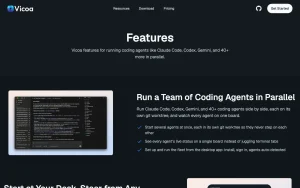 Vicoa features page — screenshot of the coding AI tool, 2026-10-02