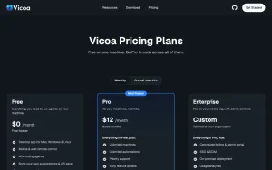 Vicoa pricing page with plans and prices — screenshot of the coding AI tool, 2026-10-02