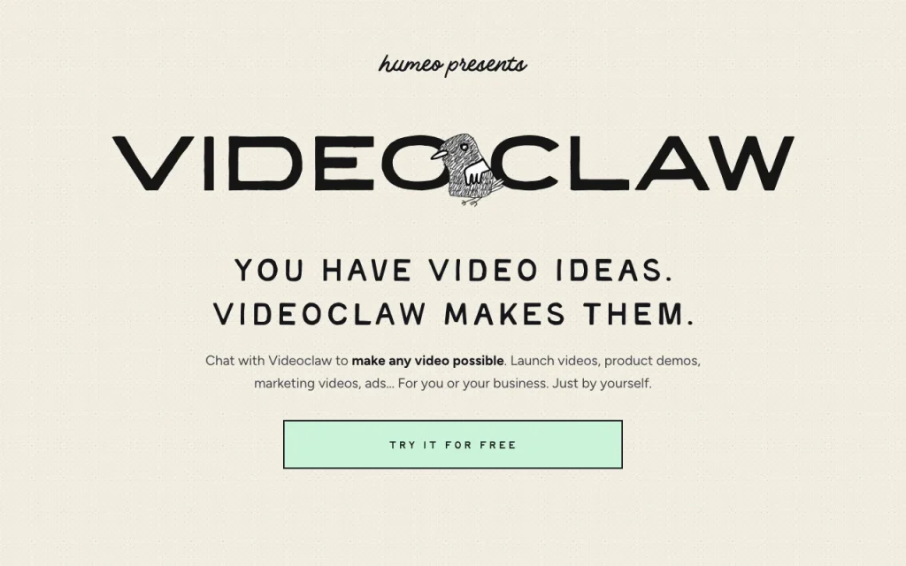 Videoclaw Startseite – Screenshot des KI-Tools video, Oct 2, 2026
