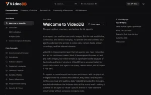 VideoDB docs page homepage screenshot, video AI tool