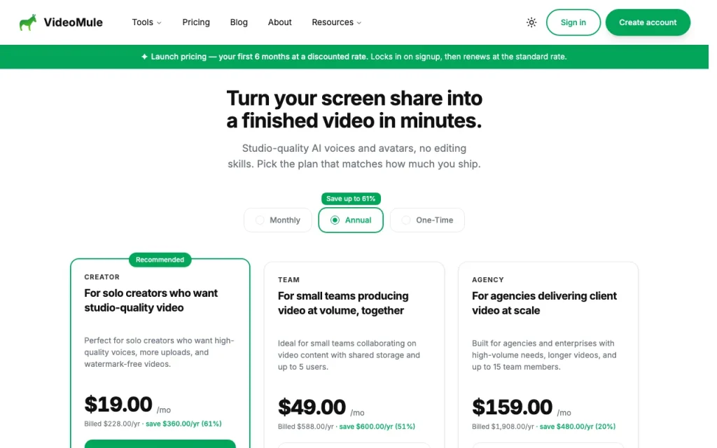 VideoMule pricing page with plans and prices — screenshot of the video AI tool, Oct 2, 2026