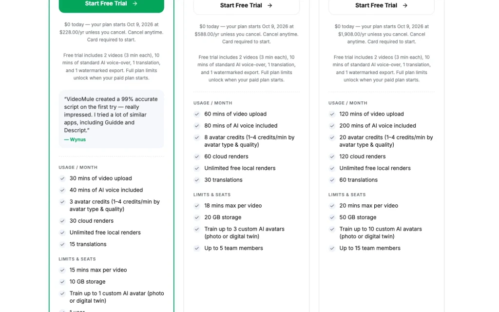 VideoMule Preisseite mit Tarifen und Preisen – Screenshot des KI-Tools video, Oct 2, 2026