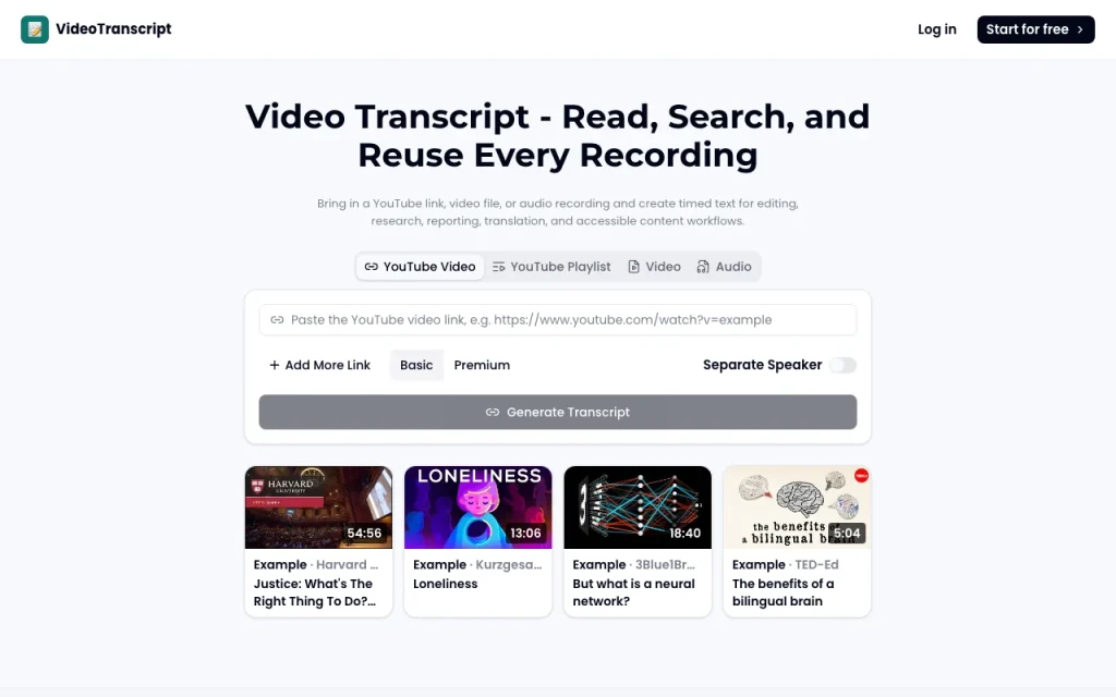 Capture d'écran de la page d'accueil de videotranscript.ai, outil d'IA productivité et rédaction