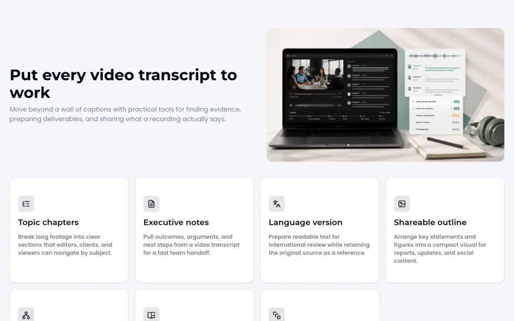 videotranscript.ai page d'accueil — capture d'écran de l'outil d'IA productivité et rédaction, Oct 1, 2026