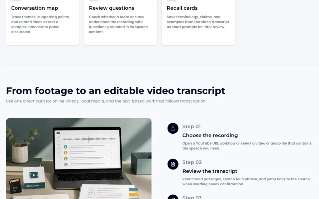 videotranscript.ai page d'accueil — capture d'écran de l'outil d'IA productivité et rédaction, Oct 1, 2026