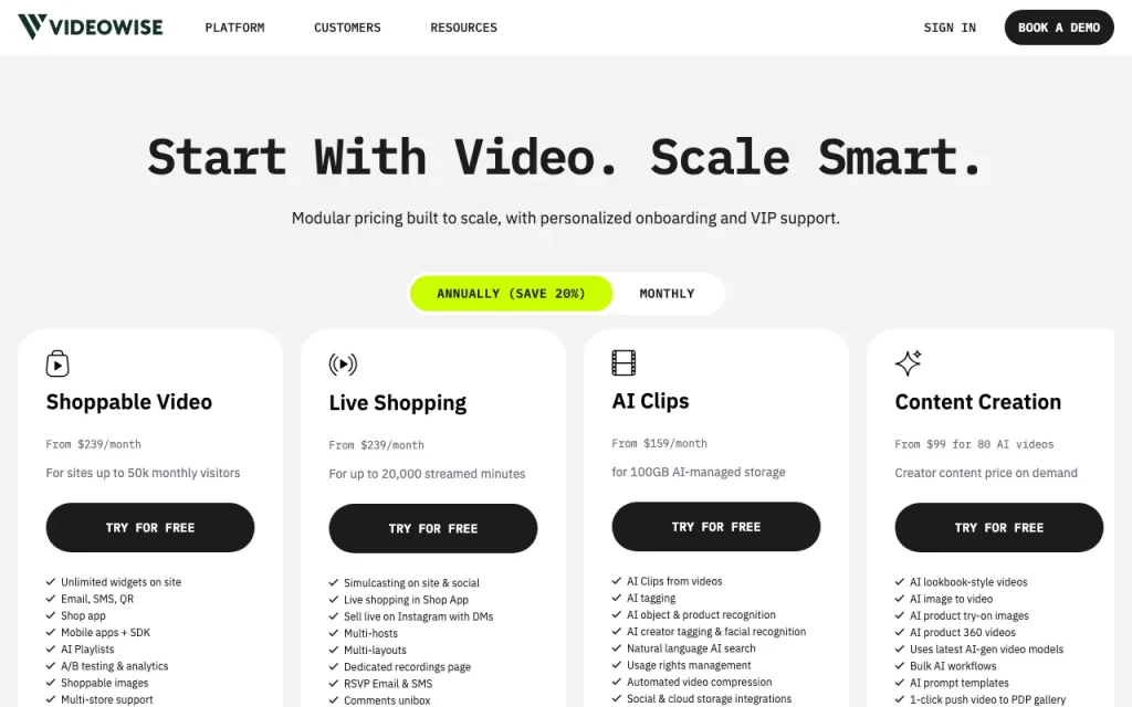 Videowise pricing page with plans and prices — screenshot of the video AI tool, Oct 1, 2026