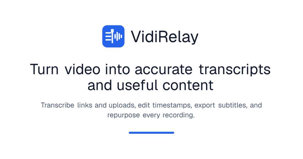 Capture d'écran de la page d'accueil de VidiRelay, outil d'IA productivité et rédaction