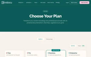 Vidocu pricing page with plans and prices — screenshot of the video AI tool, 2026-10-02