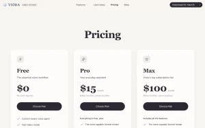 Viora pricing page homepage screenshot, productivity & writing AI tool