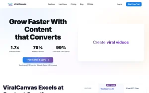 ViralCanvas AI homepage — screenshot of the productivity & writing AI tool, 2026-10-02