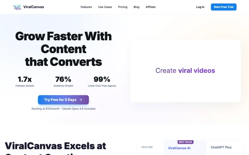 ViralCanvas AI captura de tela da página inicial, ferramenta de IA produtividade & escrita
