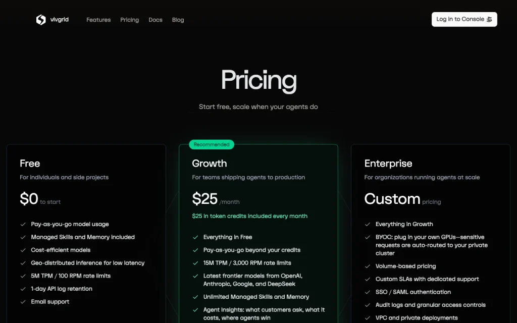 Vivgrid page de tarifs avec offres et prix — capture d'écran de l'outil d'IA programmation, Oct 1, 2026