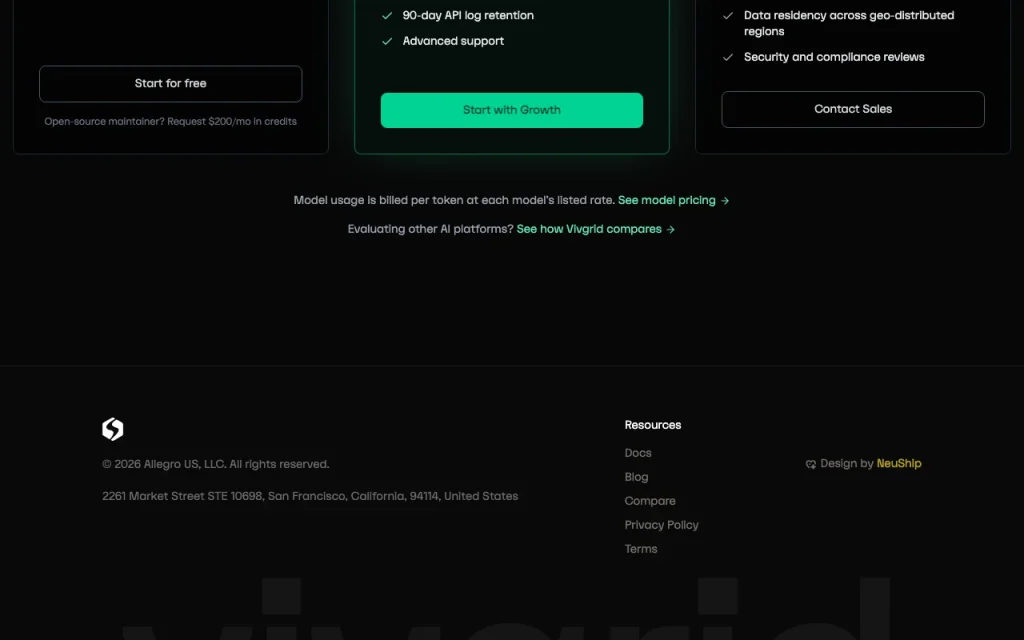 Vivgrid Preisseite mit Tarifen und Preisen – Screenshot des KI-Tools coding, Oct 1, 2026