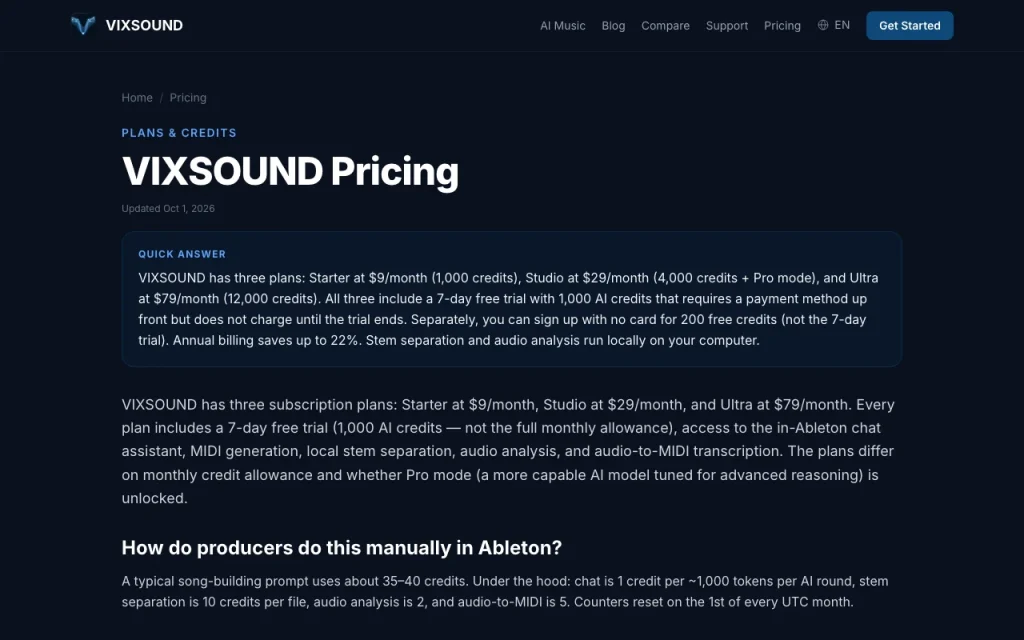 VIXSOUND página de precios con planes y precios — captura de pantalla de la herramienta de IA audio y voz, Oct 1, 2026