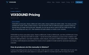 VIXSOUND pricing page homepage screenshot, audio & voice AI tool