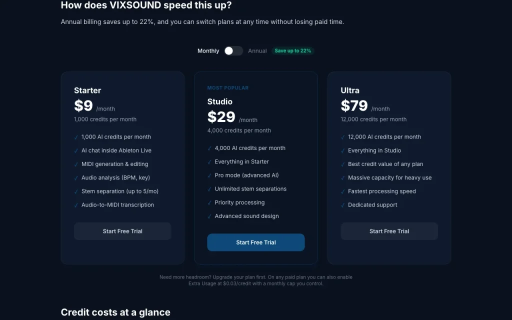 VIXSOUND página de precios con planes y precios — captura de pantalla de la herramienta de IA audio y voz, Oct 1, 2026