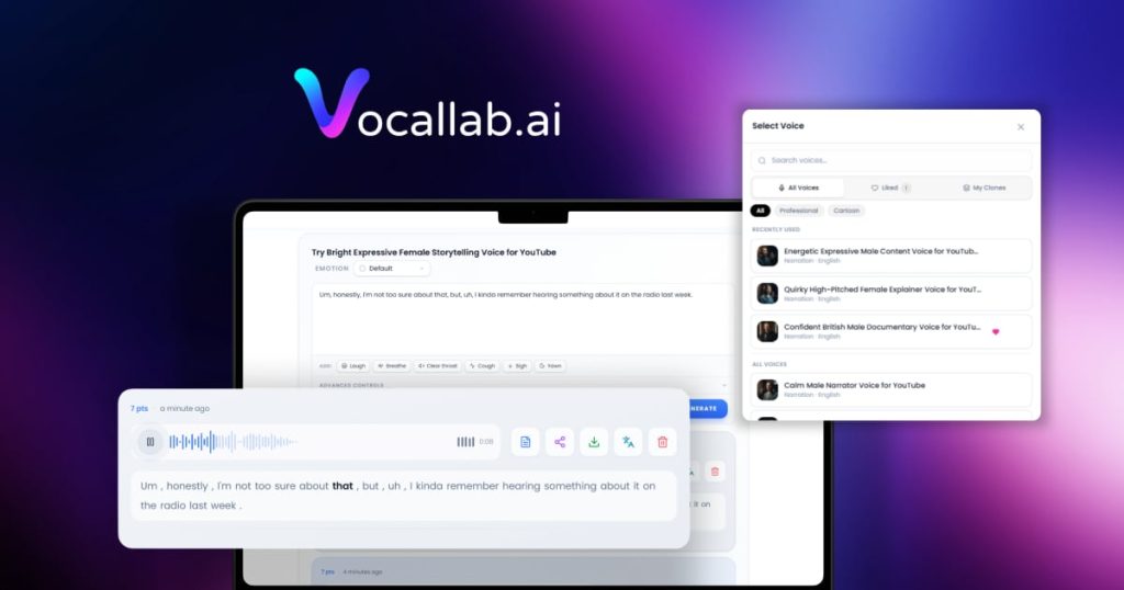 Vocallab AI homepage screenshot, audio & voice AI tool
