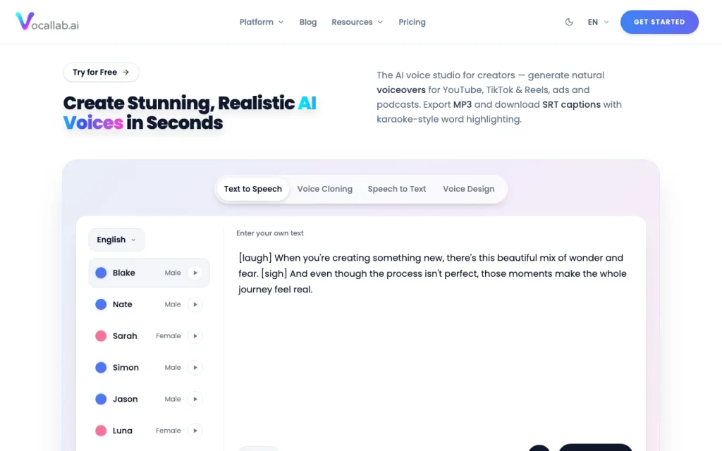 Vocallab AI Startseite – Screenshot des KI-Tools audio & sprache, Oct 2, 2026