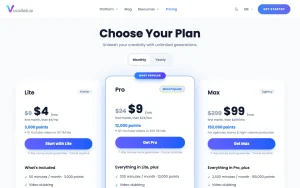 Vocallab AI pricing page with plans and prices — screenshot of the audio & voice AI tool, 2026-10-02
