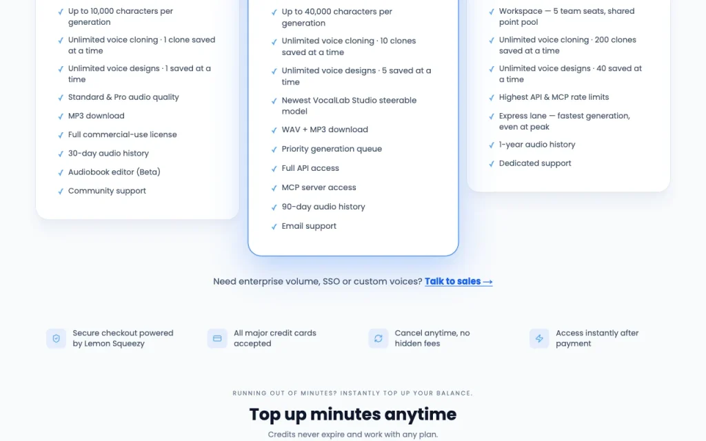 Vocallab AI pricing page with plans and prices — screenshot of the audio & voice AI tool, Oct 2, 2026
