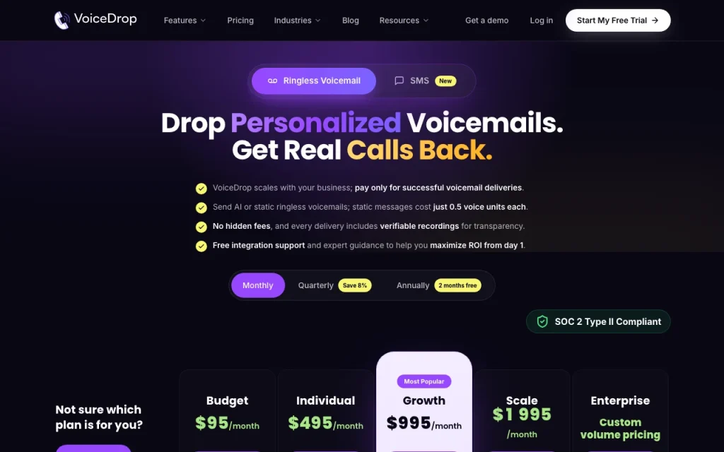 VoiceDrop página de precios con planes y precios — captura de pantalla de la herramienta de IA audio y voz, Oct 2, 2026