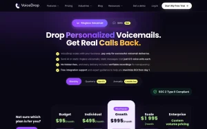 VoiceDrop pricing page with plans and prices — screenshot of the audio & voice AI tool, 2026-10-02
