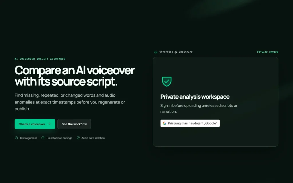 Voiceover QA homepage — screenshot of the audio & voice AI tool, Oct 1, 2026