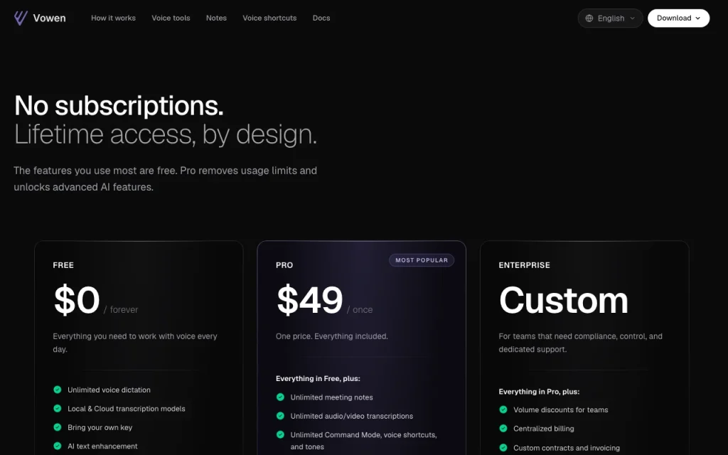 Vowen pricing page with plans and prices — screenshot of the audio & voice AI tool, Oct 2, 2026