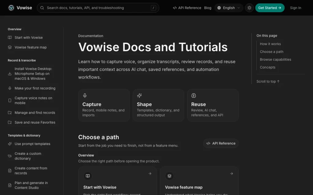 Vowise documentación — captura de pantalla de la herramienta de IA productividad y escritura, Oct 2, 2026