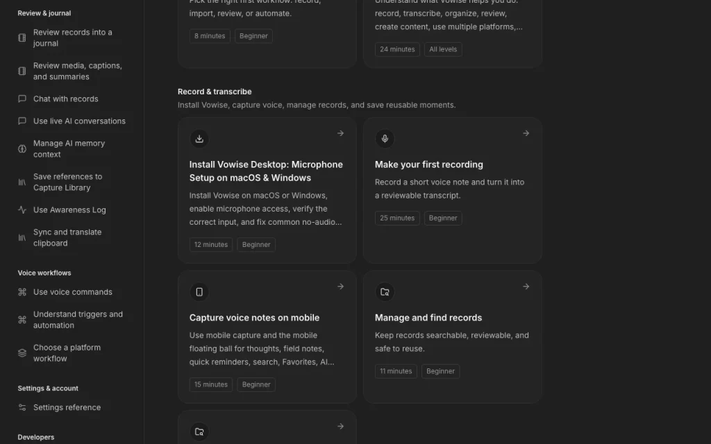 Vowise documentación — captura de pantalla de la herramienta de IA productividad y escritura, Oct 2, 2026