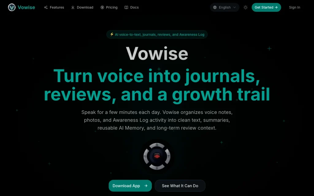 Vowise page d'accueil — capture d'écran de l'outil d'IA productivité et rédaction, Oct 2, 2026