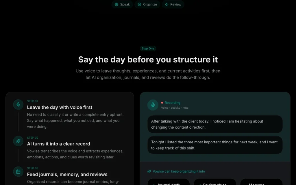 Vowise página principal — captura de pantalla de la herramienta de IA productividad y escritura, Oct 2, 2026