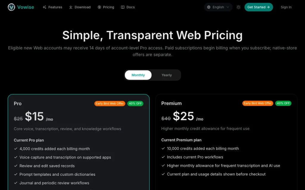 Vowise página de precios con planes y precios — captura de pantalla de la herramienta de IA productividad y escritura, Oct 2, 2026